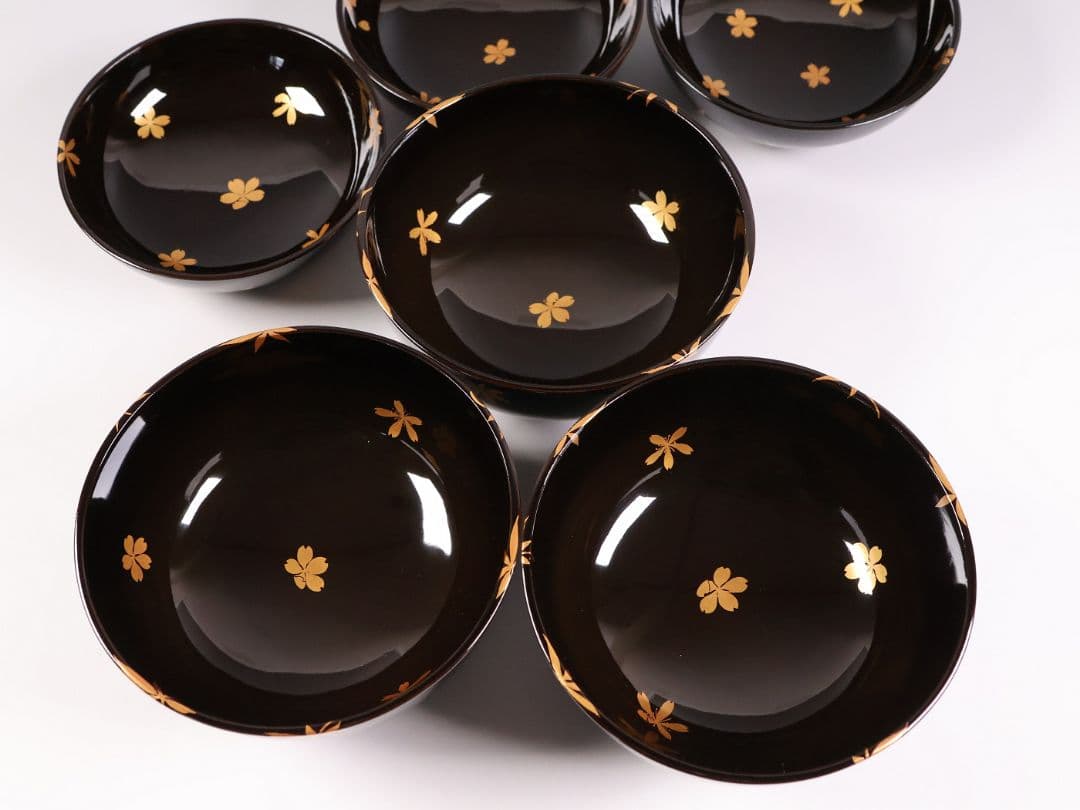 【CM436】天然木漆塗 桜紅葉 雲錦金蒔絵 黒汁椀 三客 / (検)輪島加賀
