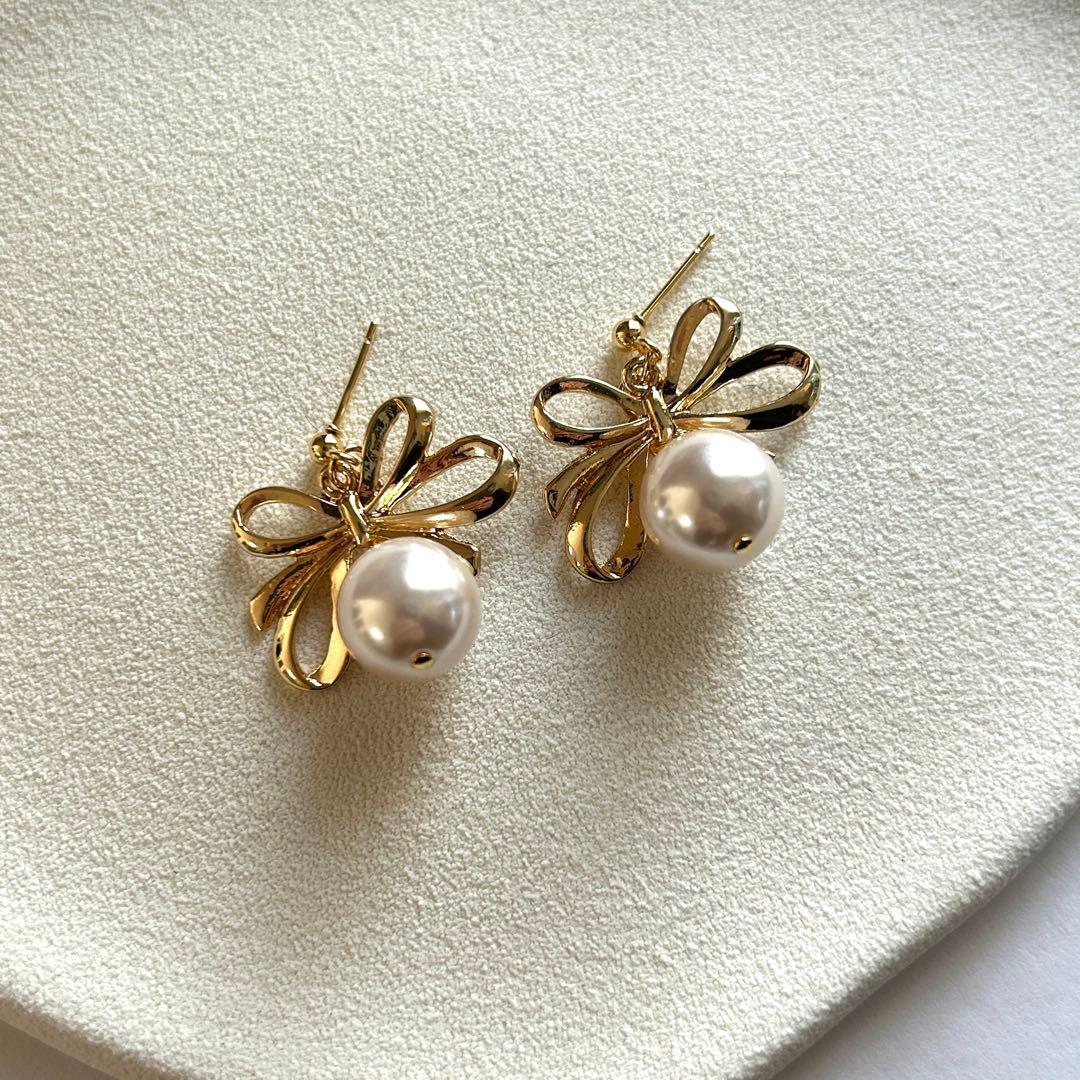 No.391 ハンドメイド　リボン　パールピアス　イヤリング