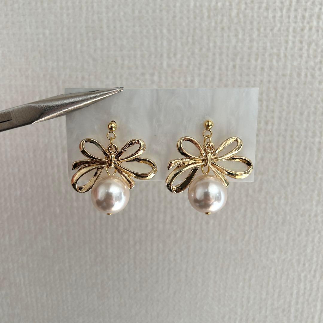 No.391 ハンドメイド　リボン　パールピアス　イヤリング