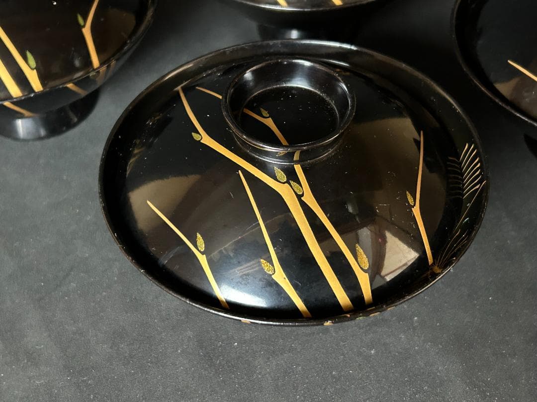 時代 輪島塗 金蒔絵 ススキ図 黒塗 吸物椀 5客 茶懐石道具 明治時代 76
