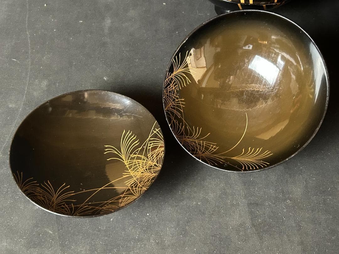 時代 輪島塗 金蒔絵 ススキ図 黒塗 吸物椀 5客 茶懐石道具 明治時代 76