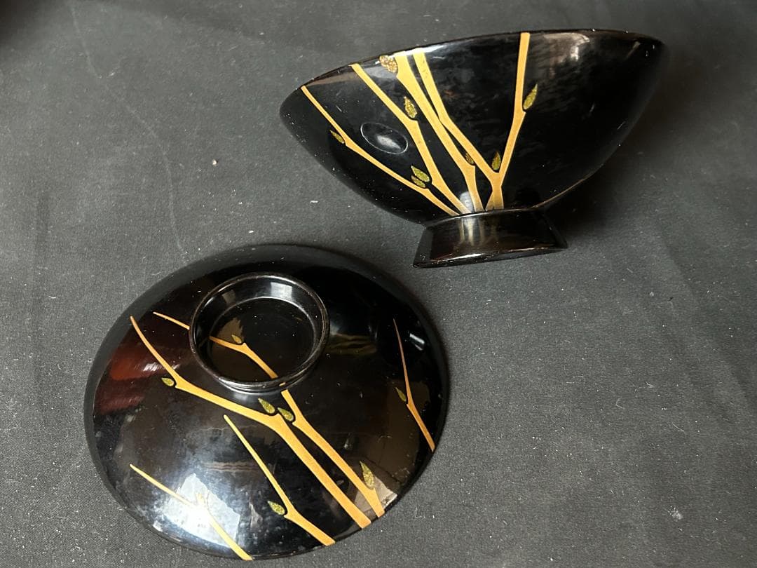 時代 輪島塗 金蒔絵 ススキ図 黒塗 吸物椀 5客 茶懐石道具 明治時代 76