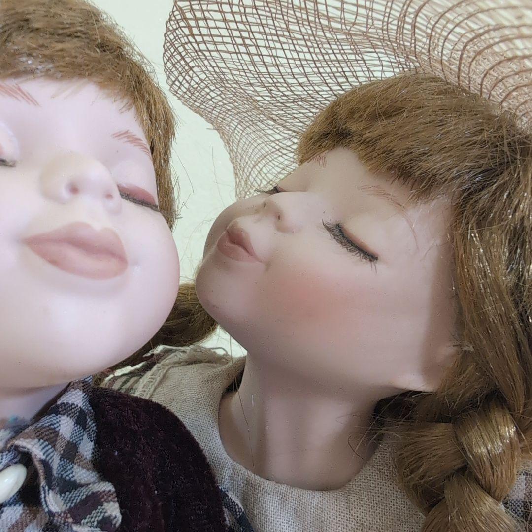 Vintage✨キスするビスクドール チェック柄服麦わら帽子 2体セット33cm