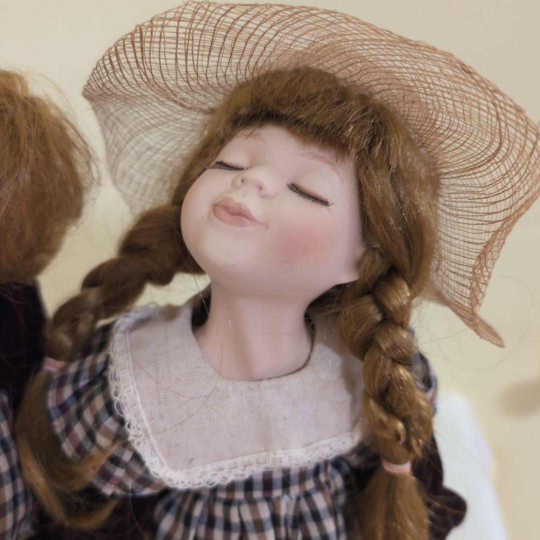 Vintage✨キスするビスクドール チェック柄服麦わら帽子 2体セット33cm