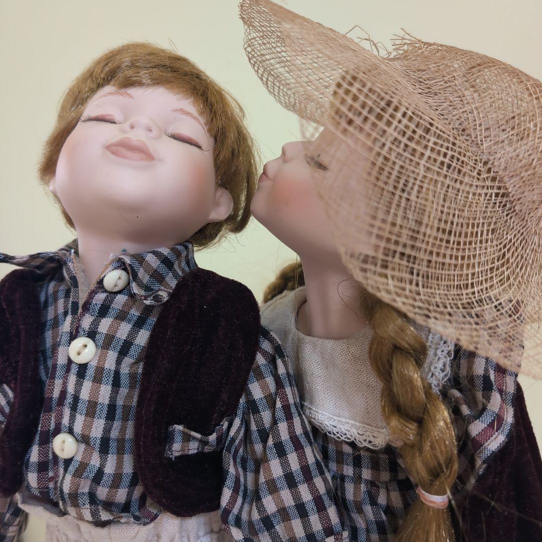 Vintage✨キスするビスクドール チェック柄服麦わら帽子 2体セット33cm