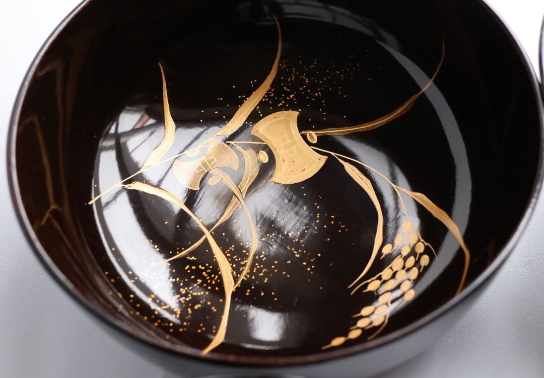 【CM443】加賀蒔絵 天然木漆塗 打出の小槌稲穂金蒔絵 黒塗椀 五客 大正昭和
