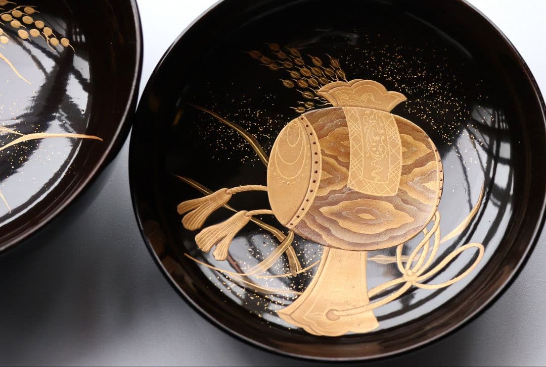 【CM443】加賀蒔絵 天然木漆塗 打出の小槌稲穂金蒔絵 黒塗椀 五客 大正昭和