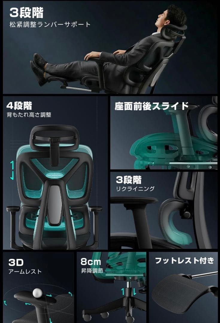 多機能オフィスチェア ヘッドレスト・フットレスト付きリクライニング135°