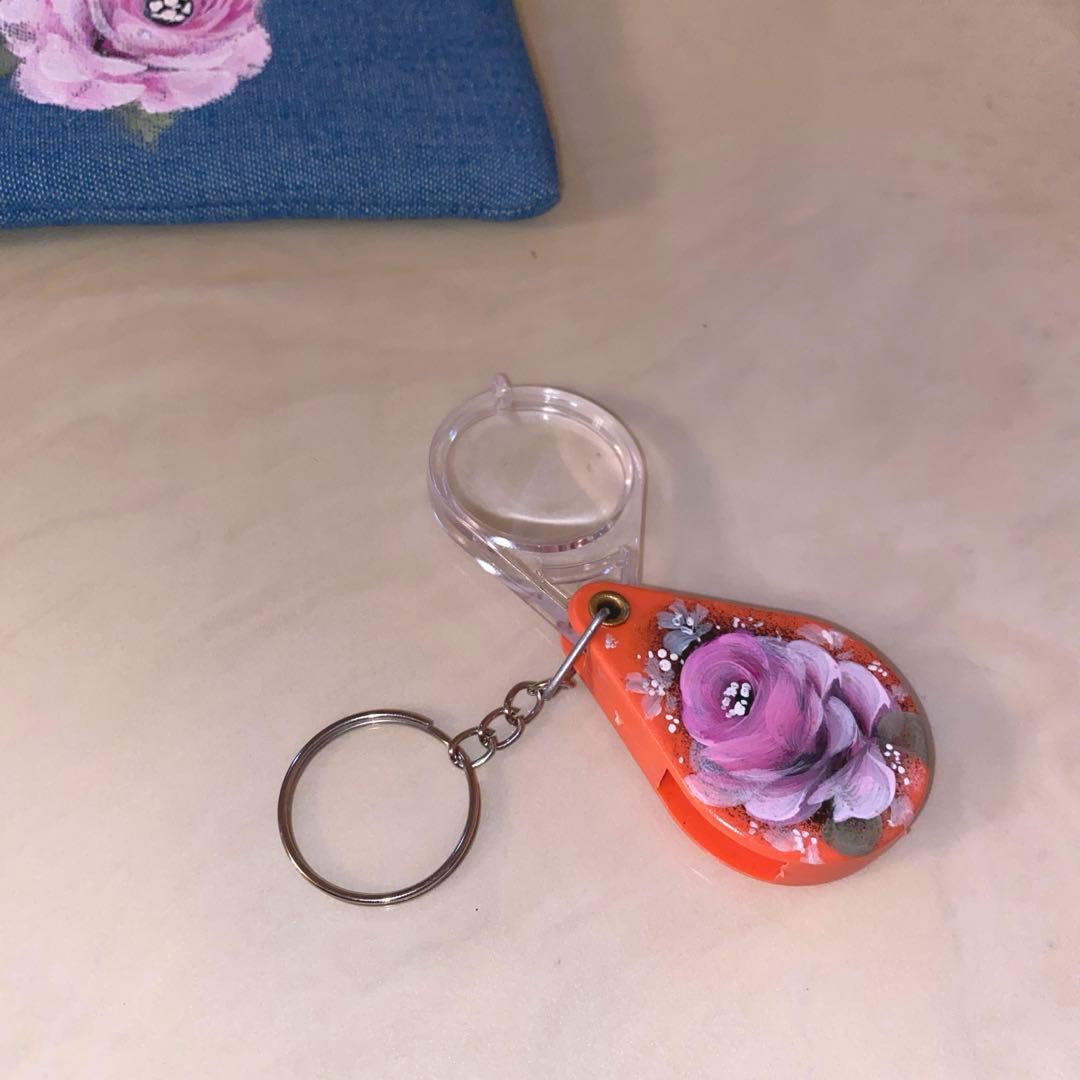 デニムワンピース　スマホ水筒ショルダー　薔薇　手描き　トールペイント