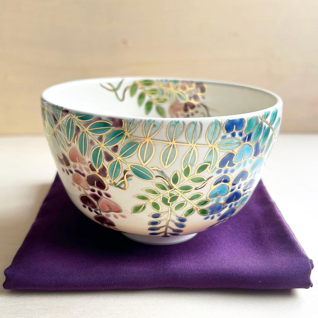 京焼　色絵　藤　抹茶茶碗