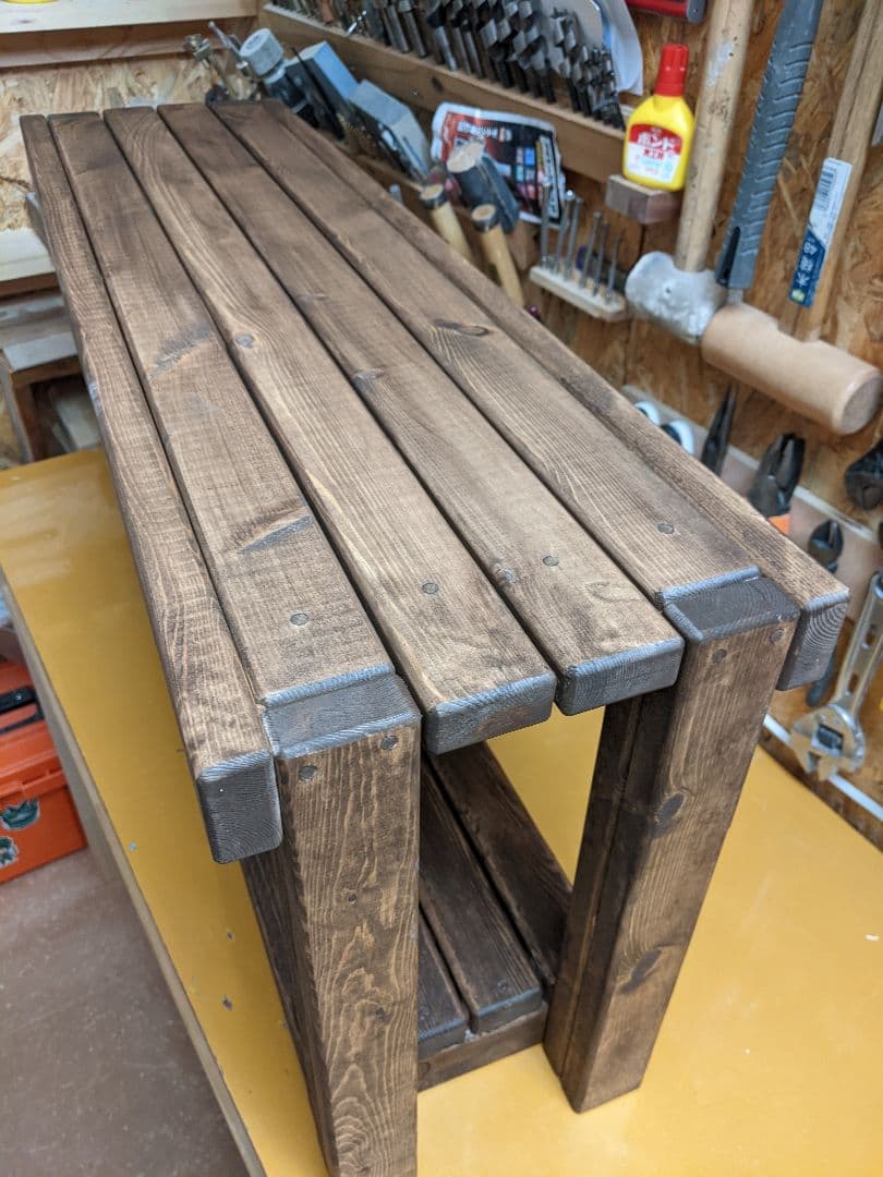 〈二台セット〉約85cm 無垢材のスラットデザインベンチ収納付キシラデコール塗装