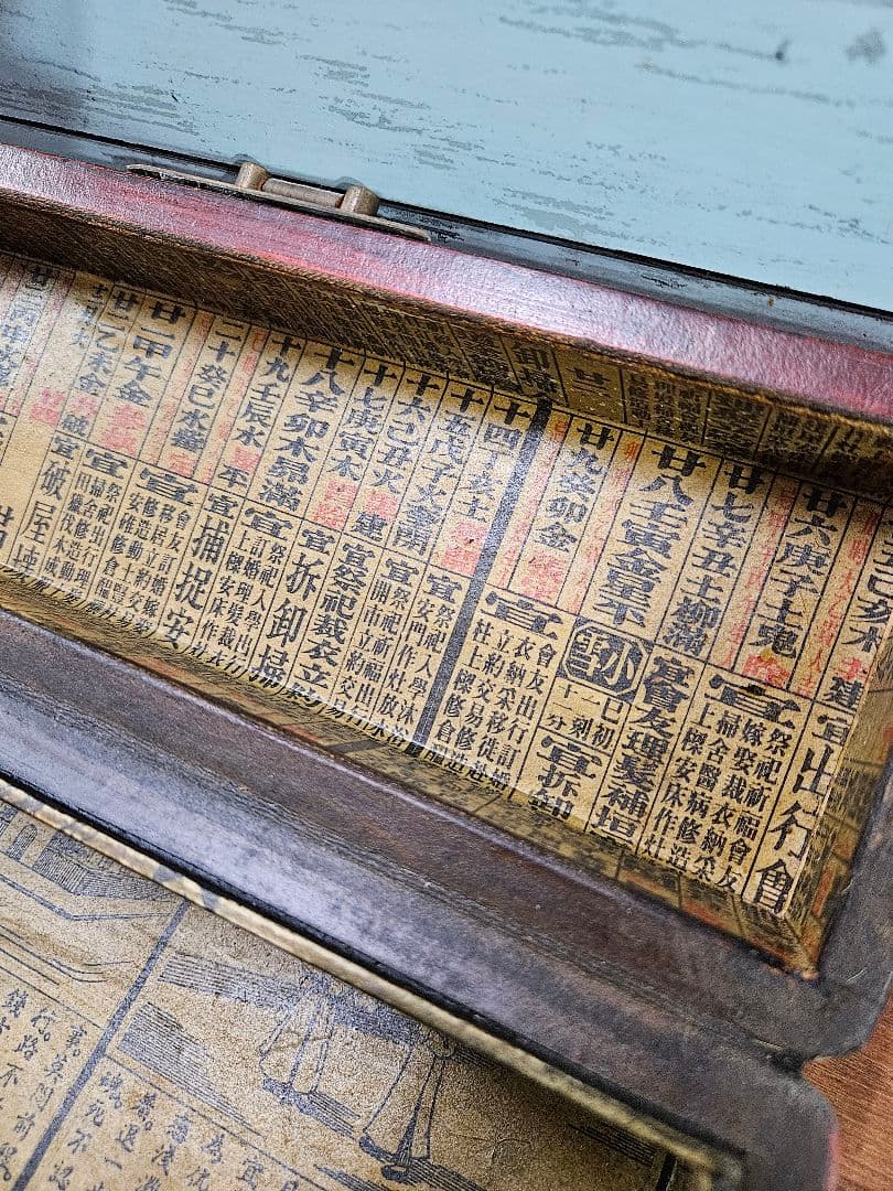 中国アンティーク 古い木製の枕箱 色絵 漆塗 首飾箱 Vintage
