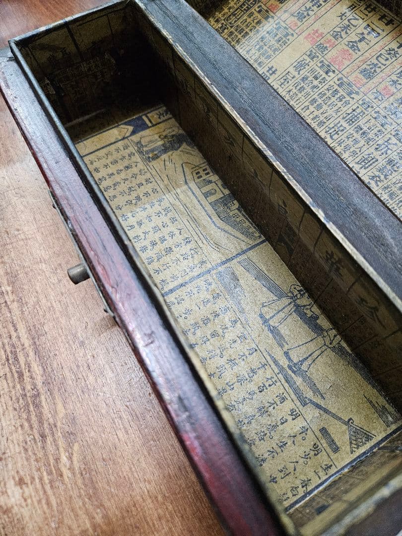中国アンティーク 古い木製の枕箱 色絵 漆塗 首飾箱 Vintage