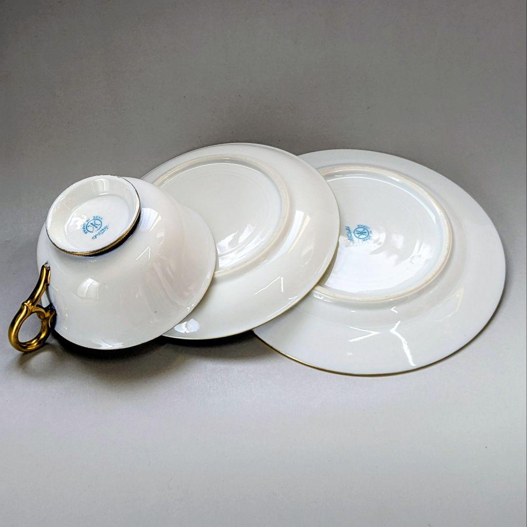 オールドノリタケ銘品　金盛上藍帯連鎖装飾紋　カップ＆ソーサー＆プレート　トリオ