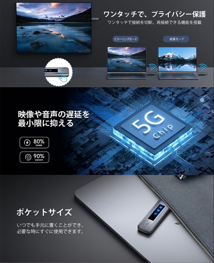 ワイヤレスHDMI変換アダプターFIGEBNY 4K対応 グレー