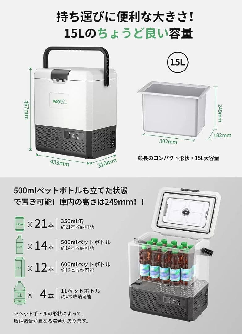 F40C4TMP 15L 車載冷蔵庫 ポータブル冷蔵庫 バッテリー付き