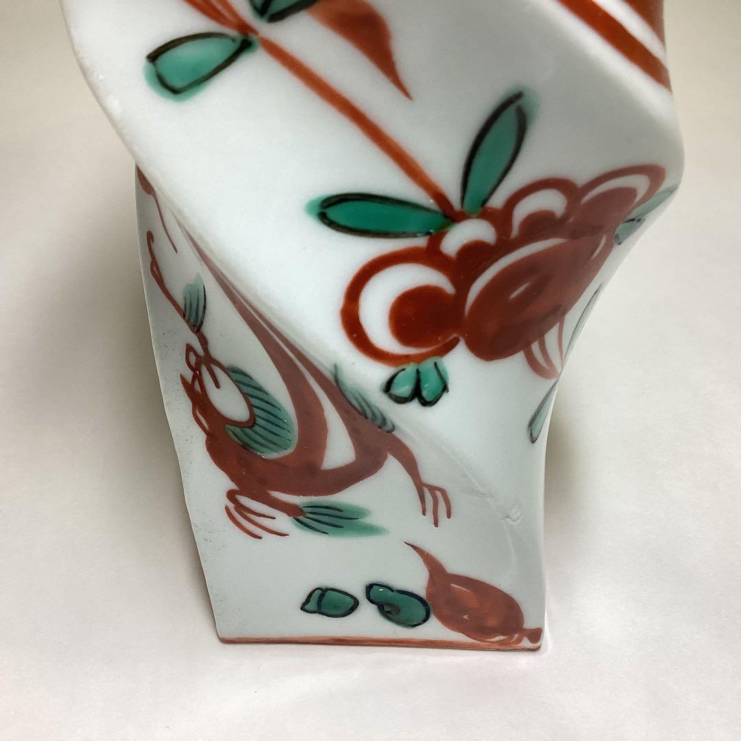 花入 捻花入 角 ひねり 赤絵 竹軒 箱なし 茶道具 古物品