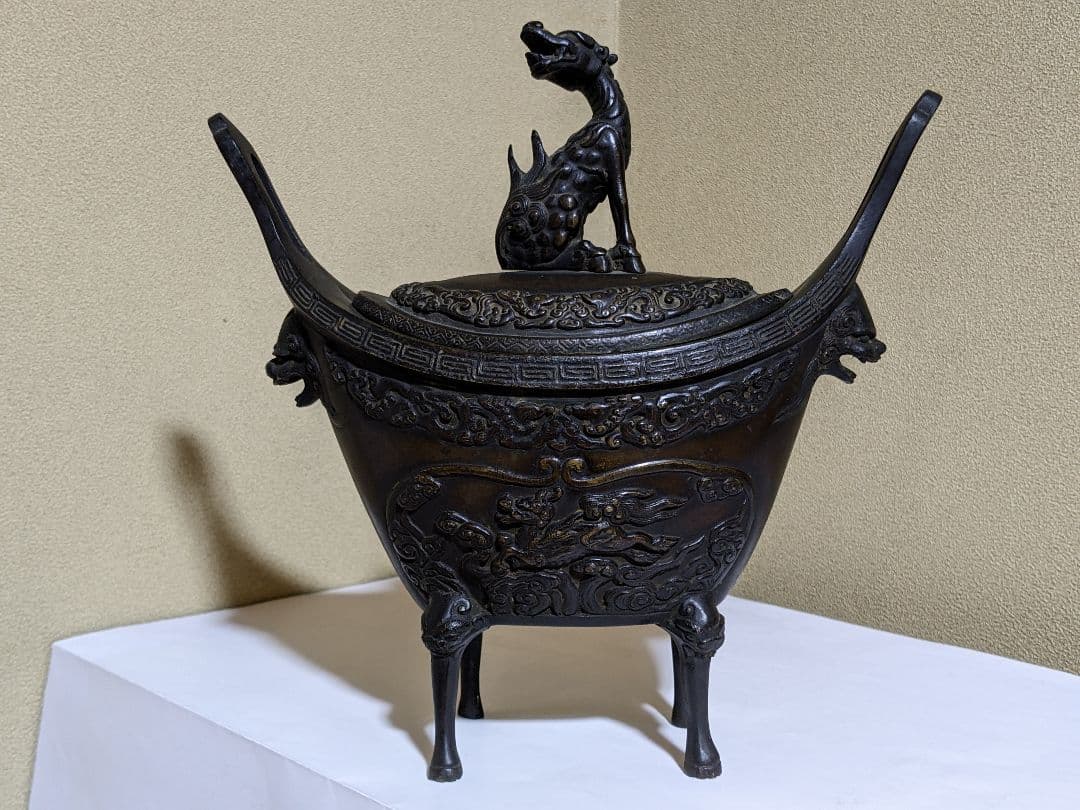 ♦中国 古玩 古美術 唐金 神獣 透かし 四足 香炉 骨董品アンティーク