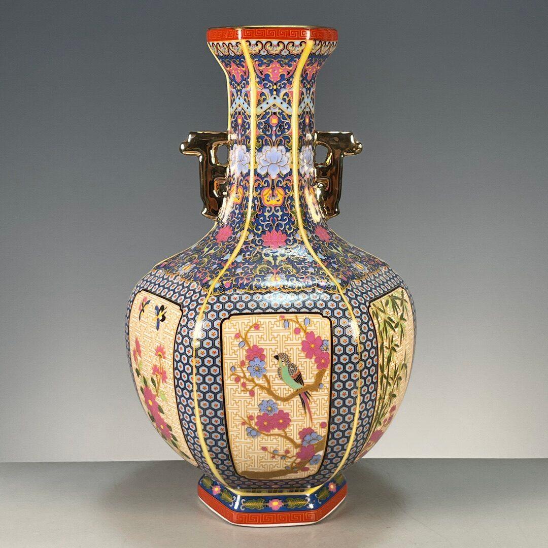 琺瑯彩両耳蒔絵花鳥賞瓶 景徳鎮 陶磁器 装飾品 現代工芸品 美術品 置物