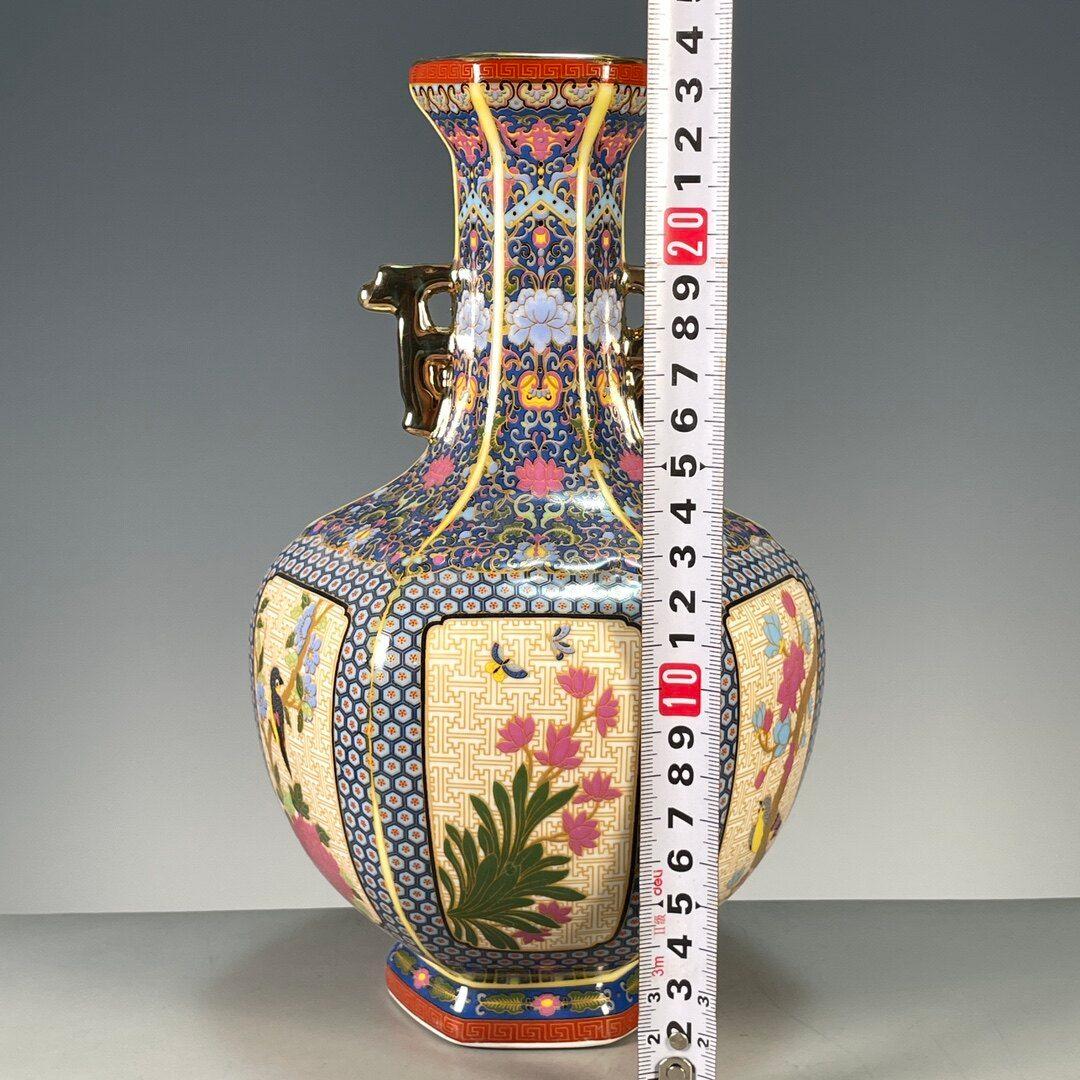琺瑯彩両耳蒔絵花鳥賞瓶 景徳鎮 陶磁器 装飾品 現代工芸品 美術品 置物