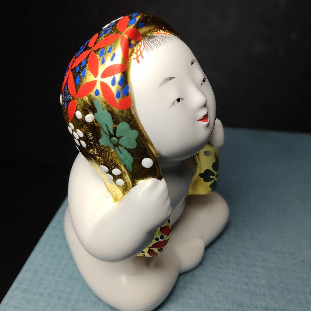 中村信喬／博多人形／『手拭いかむり』／共箱・題名落款立札・栞