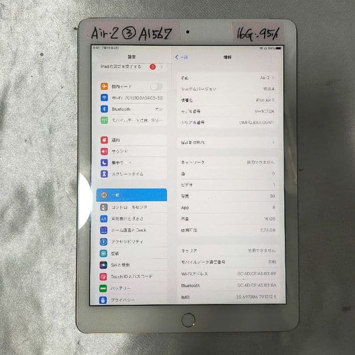 極上美品 IPad Air 第2世代 SIMフリー バッテリー95%