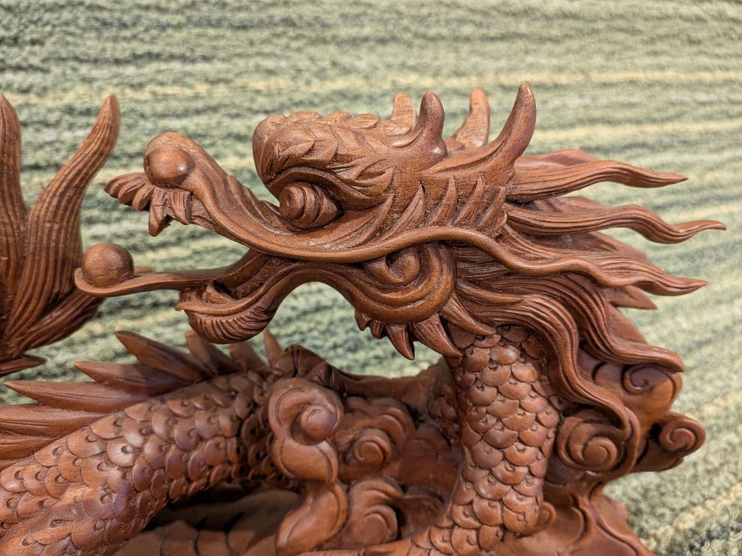 お買い得！1719木製一刀彫り双龍向かい置物A15、 中国製木彫双龍置物、