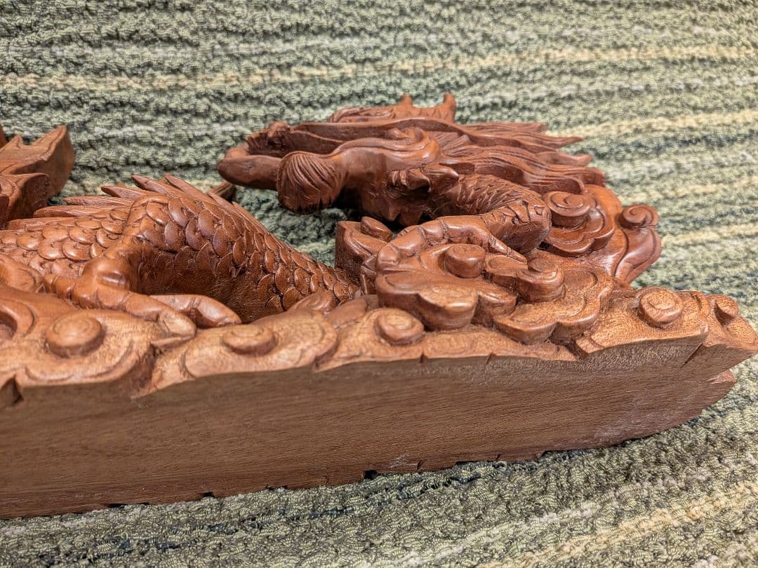 お買い得！1719木製一刀彫り双龍向かい置物A15、 中国製木彫双龍置物、