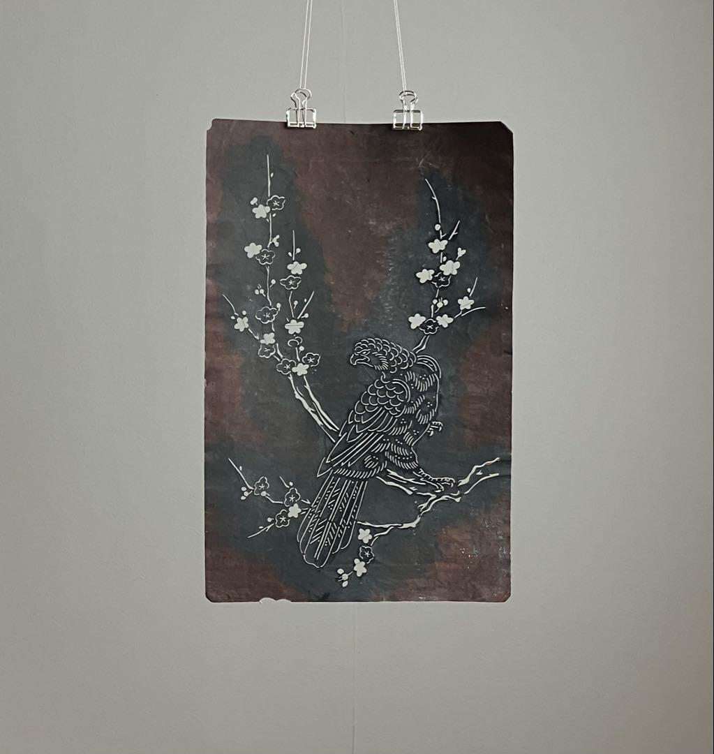 【古い切り絵 梅に鷹 約40㎝ 明治後期〜大正頃】縁起物骨董デザイン古美術古道具