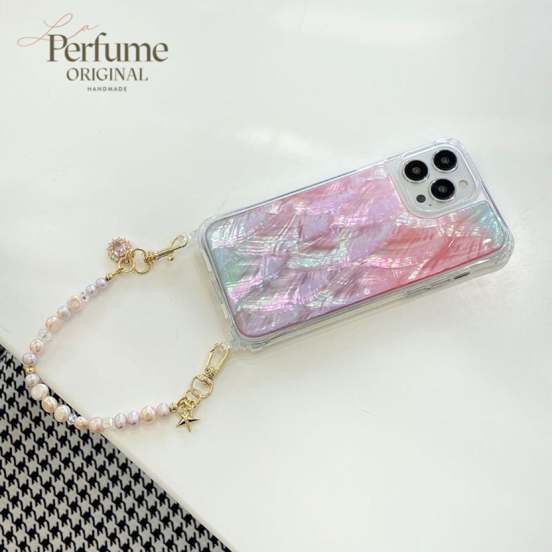 キラキラ天然シェル♡ピンク♡天然パールチェーン✨オリジナル iPhoneケース