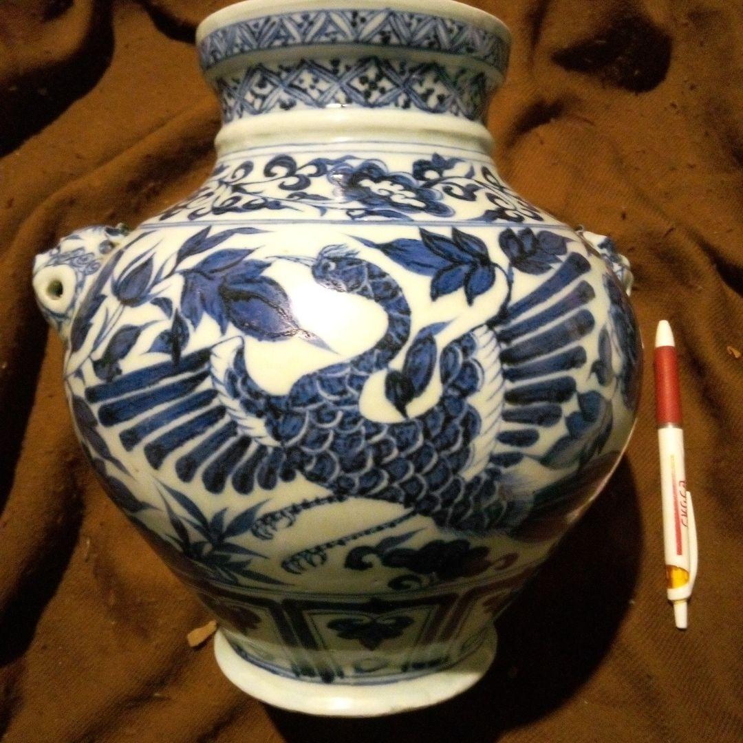 中国陶磁器　元染付　青白磁 鳳凰模様 陶器壺