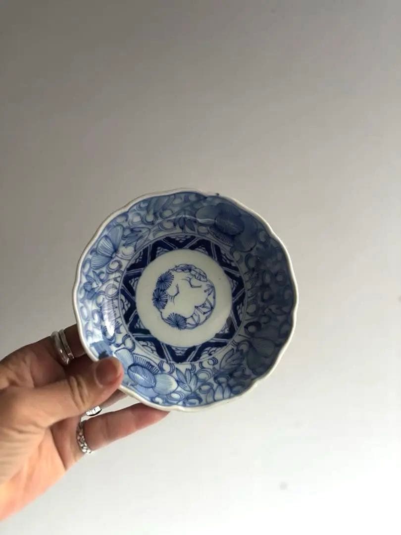 004 骨董 アンティーク 古伊万里 松竹梅に花唐草文線描き膾皿 2点組 幕末
