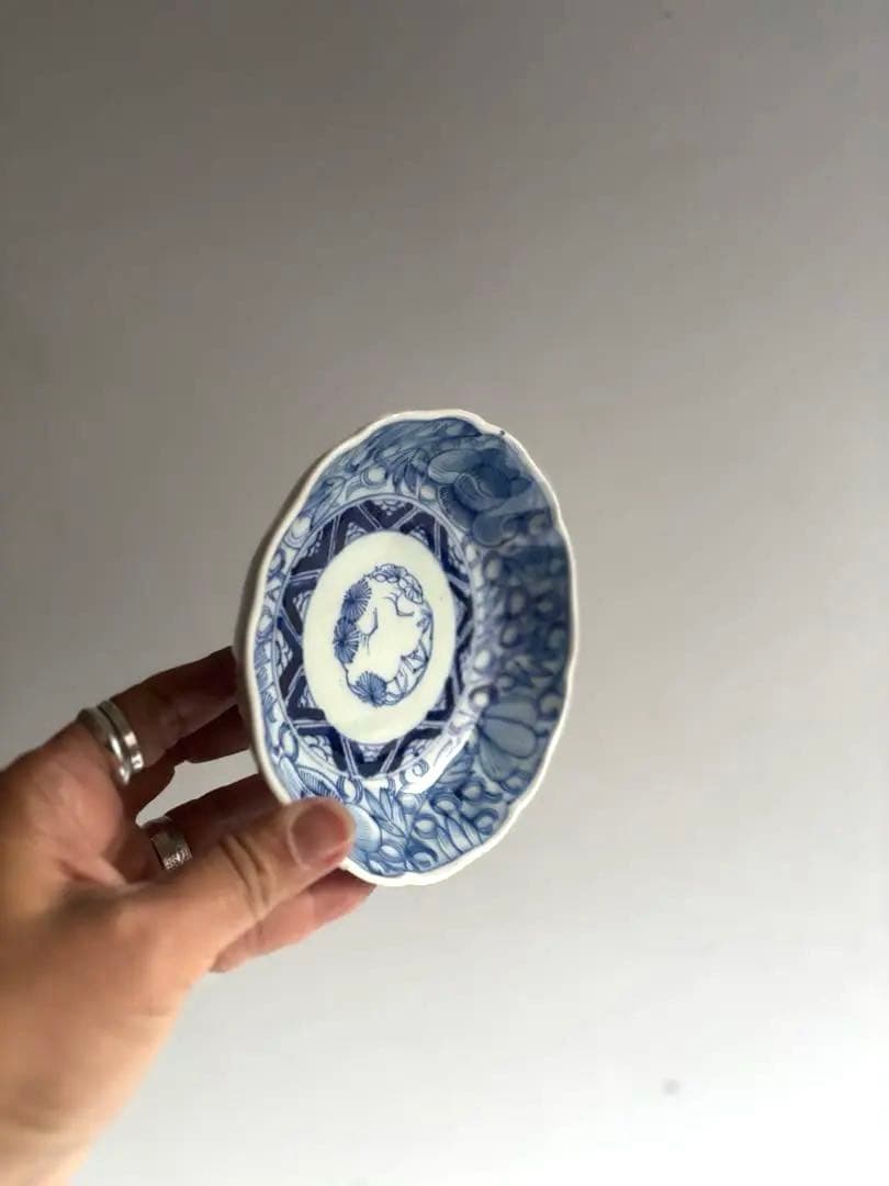 004 骨董 アンティーク 古伊万里 松竹梅に花唐草文線描き膾皿 2点組 幕末