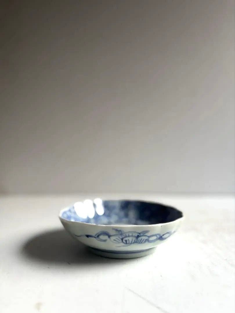 004 骨董 アンティーク 古伊万里 松竹梅に花唐草文線描き膾皿 2点組 幕末