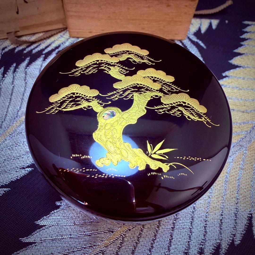茶道具　西條一斎　老松絵　金蒔絵　螺鈿　輪島塗　大棗　共箱