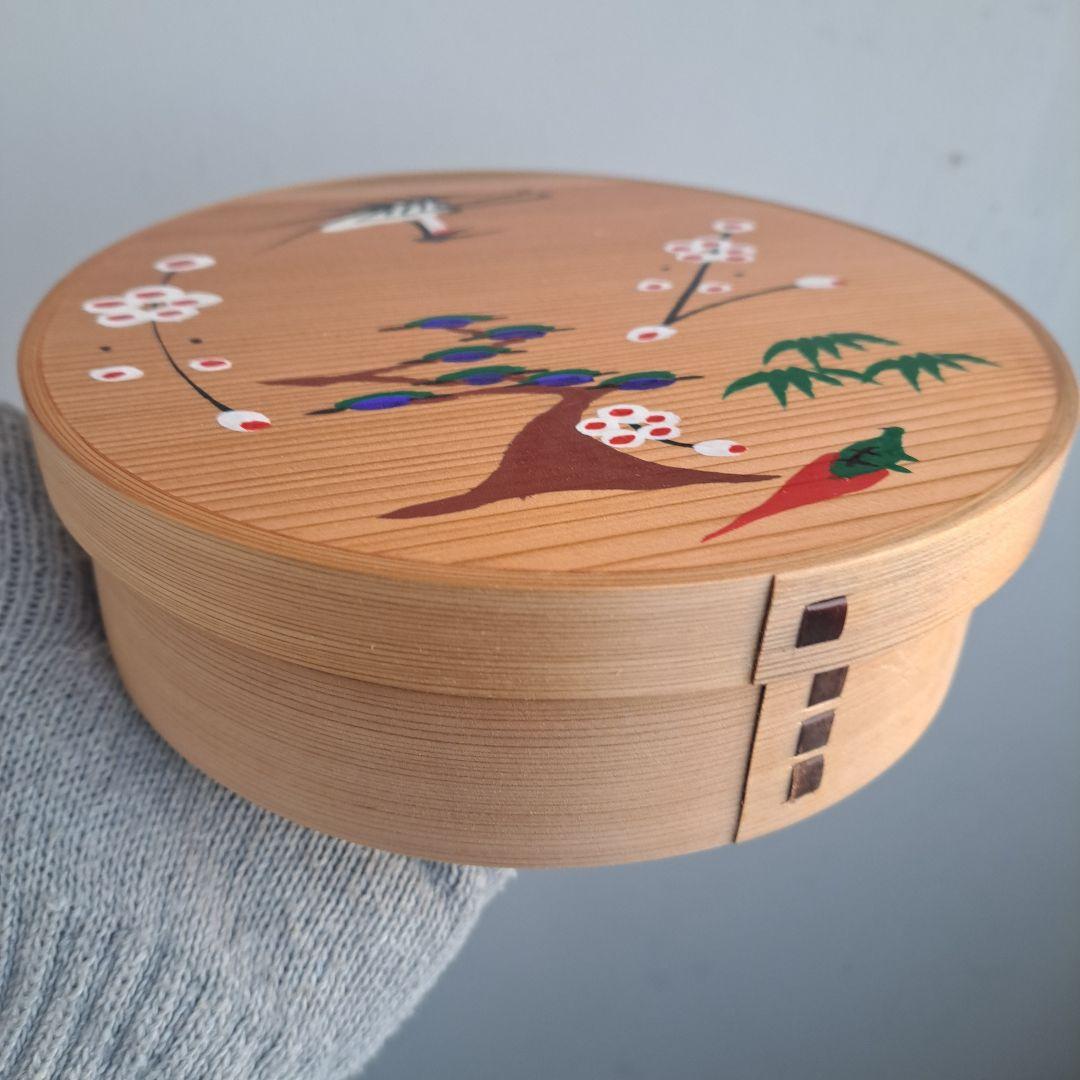 【博多曲げ物　蓋つき菓子器】天然木製　柴田徳商店　松竹梅鶴亀　長期保管品