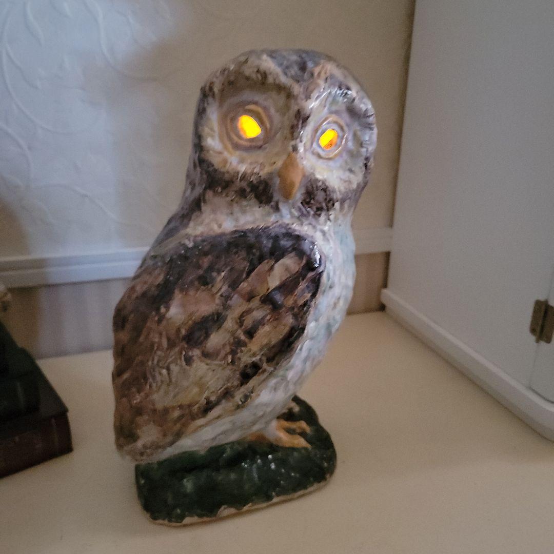 大きなフクロウの石膏像　創作作品　焼き物置物　キャンドル-inでも　一点もの
