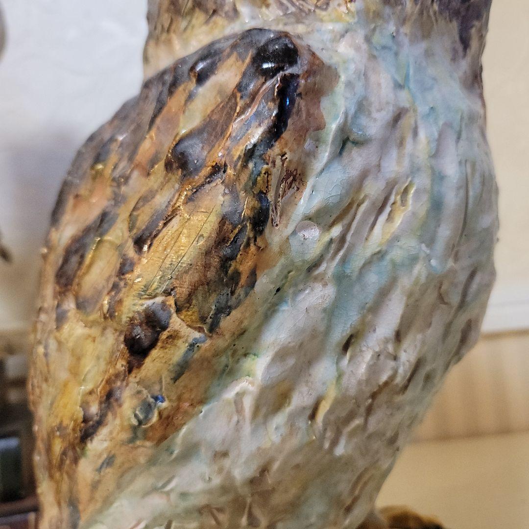 大きなフクロウの石膏像　創作作品　焼き物置物　キャンドル-inでも　一点もの