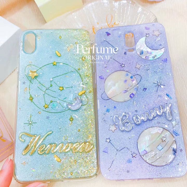 名入れ♡惑星 月✨星⭐︎シェル♡オリジナルスマホケース✨イニシャル パープル
