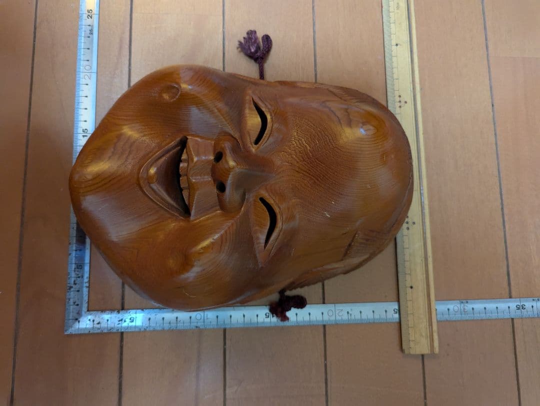レトロ木製無垢お面・おかめ・木彫お多福・工芸品・縁起物置物・お多福壁掛け