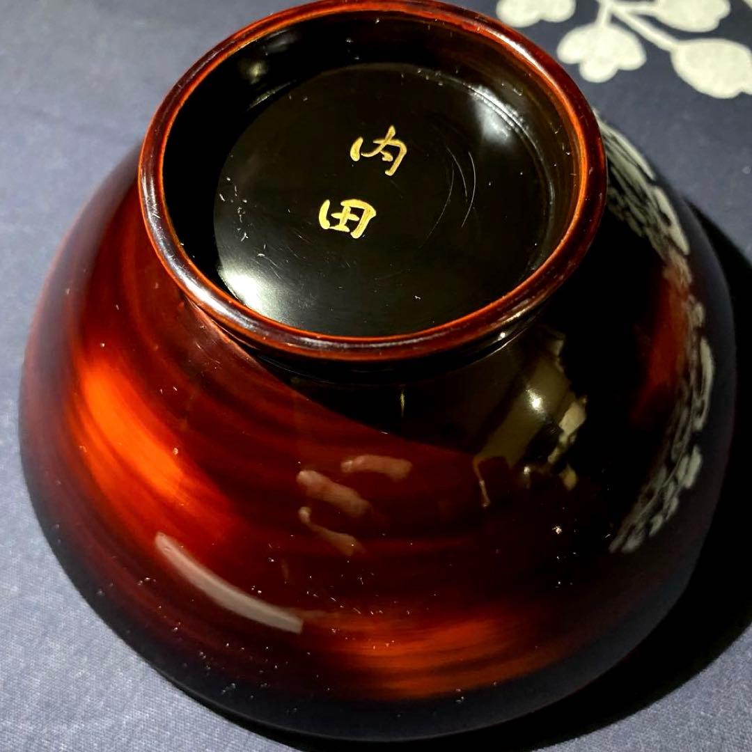 時代物輪島塗　本漆漆器吸物椀　金蒔絵・銀蒔絵・萩に小鳥　溜塗・朱塗内黒　二客　②