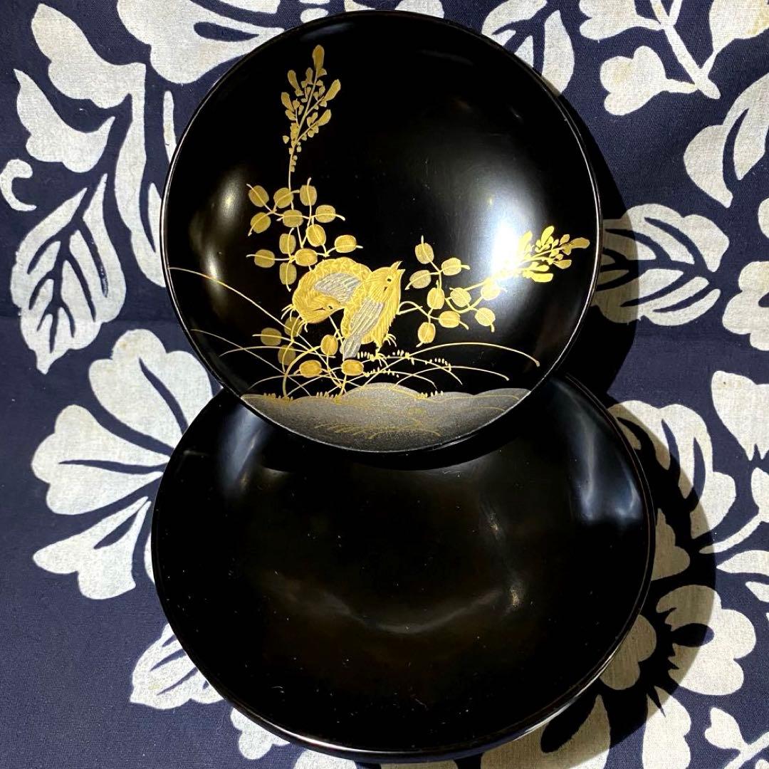 時代物輪島塗　本漆漆器吸物椀　金蒔絵・銀蒔絵・萩に小鳥　溜塗・朱塗内黒　二客　②