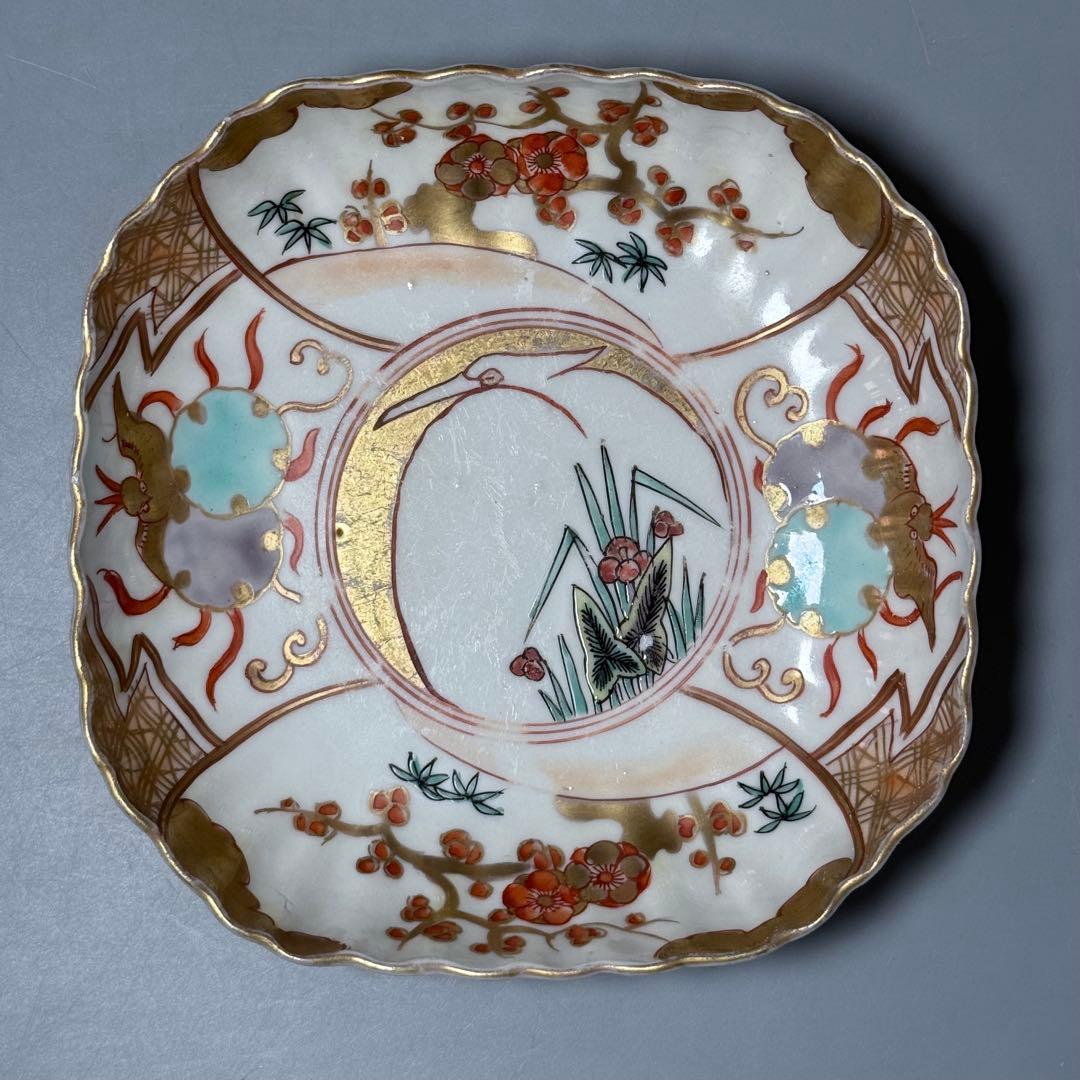 古伊万里　色絵　金蘭手　白鷺文様　梅文様　菊花四角形　膾皿　5個　器を楽しむ