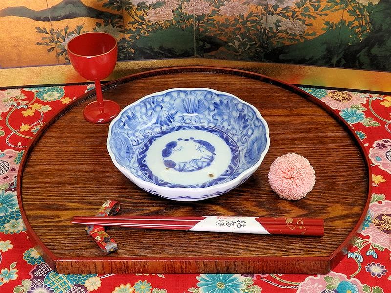 古伊万里　染付　線描き　花に唐草の図　膾皿 ５客　C999AS-fbvr