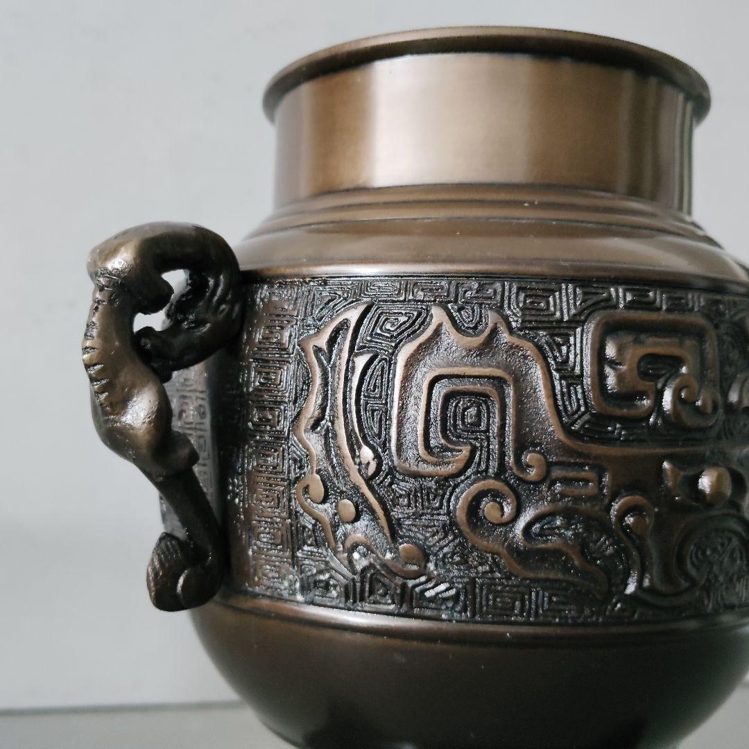 唐金製 薄端 鬼面 花瓶 花入 水盤 共耳つき瓶 三足 華道