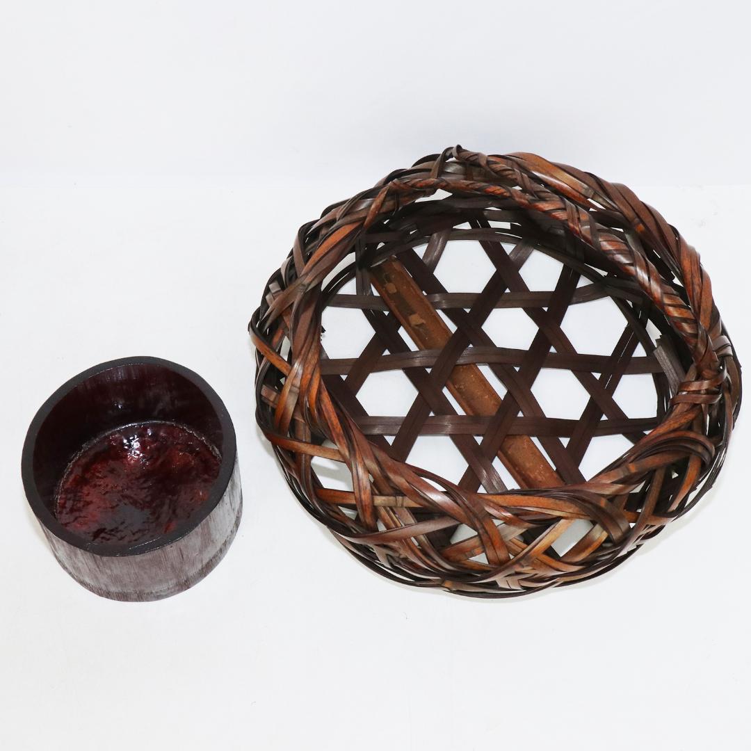 籠師 森田竹阿弥作 水盤籠 竹編 手付 花籠