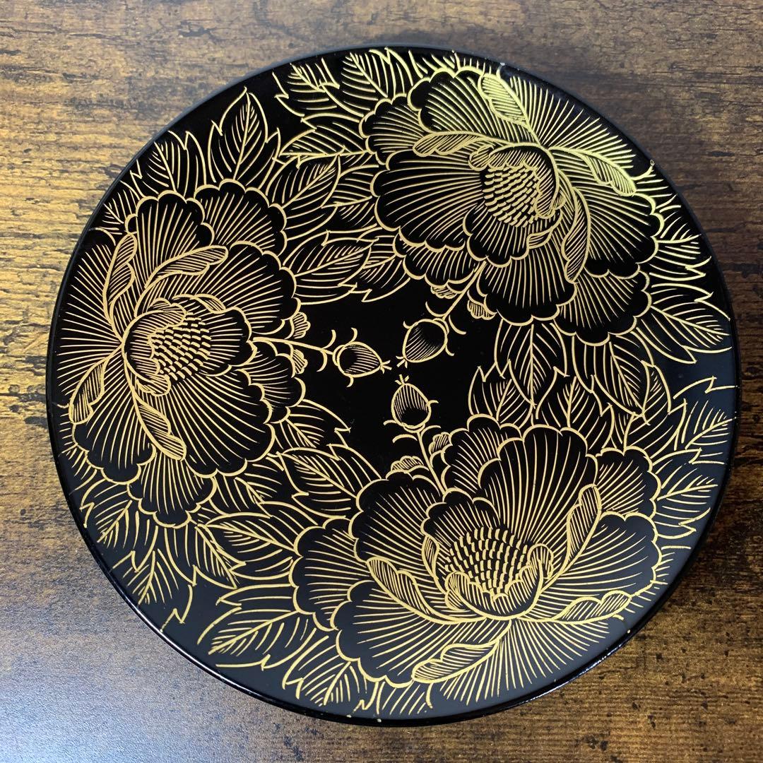 E-1 【極美品】漆器 銘々皿 5枚セット 金彩 牡丹 菓子皿 漆塗り 茶道具