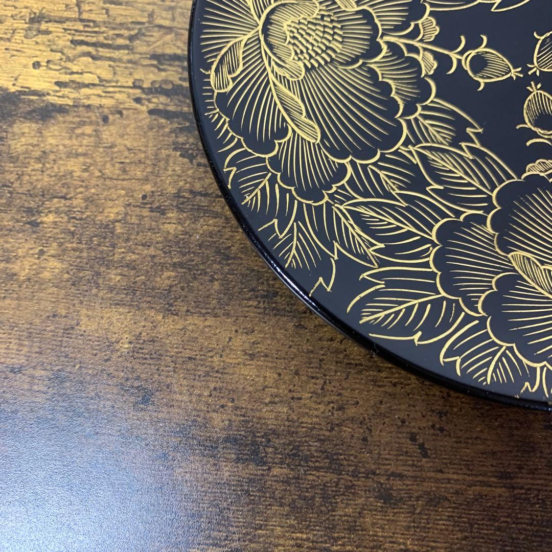 E-1 【極美品】漆器 銘々皿 5枚セット 金彩 牡丹 菓子皿 漆塗り 茶道具