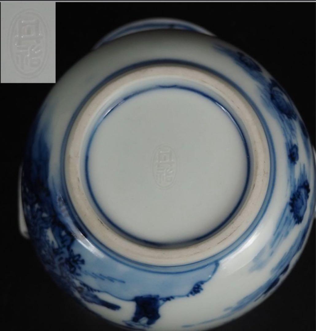 送料無料　時代物　山水・高士図　手描き青華/青花湯冷まし　在銘