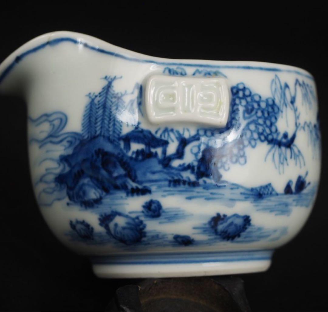 送料無料　時代物　山水・高士図　手描き青華/青花湯冷まし　在銘